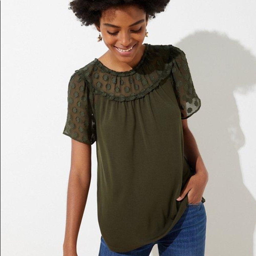LOFT Petite Lace Yoke Flutter Sleeve Tee